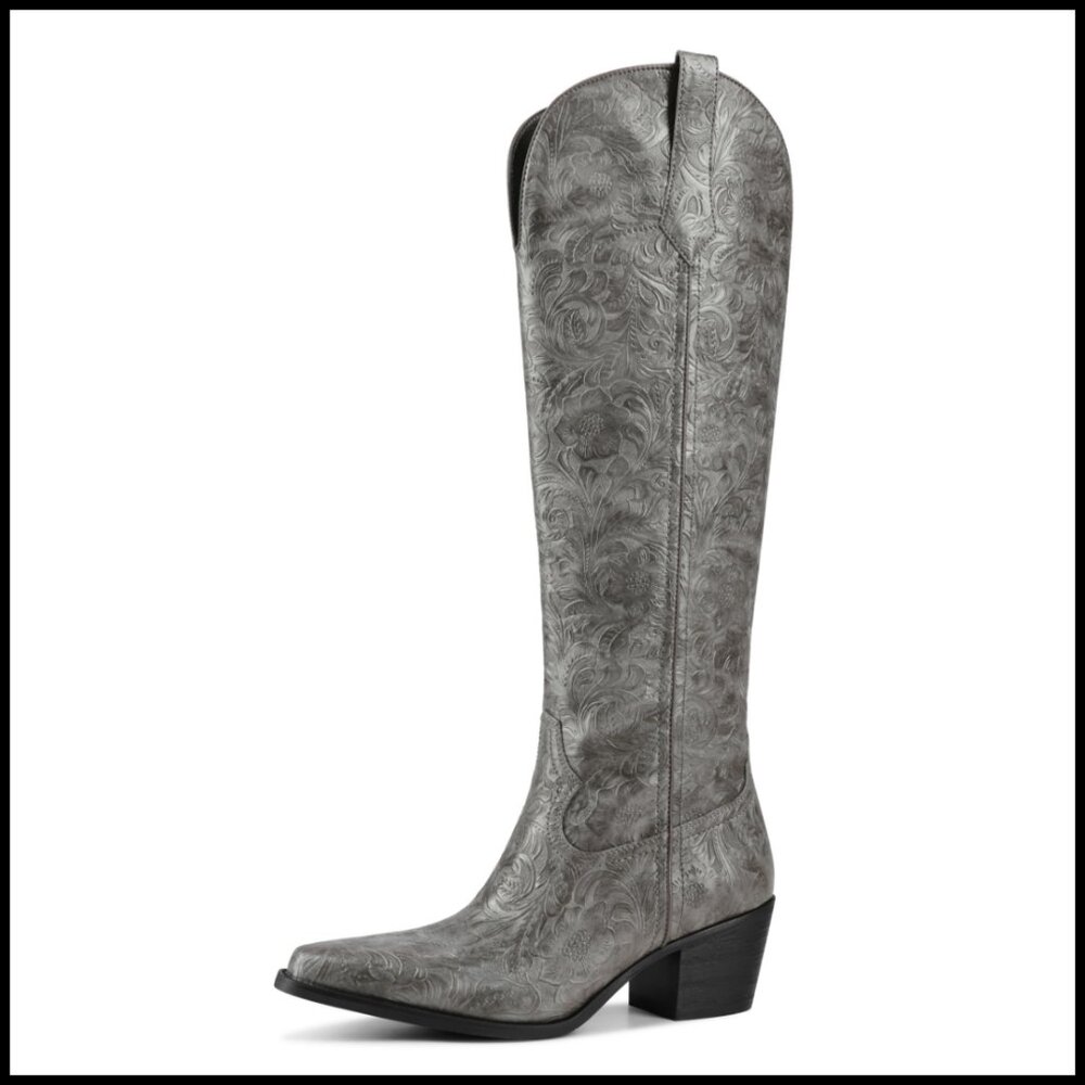 Knee High Western Boots Pointed Toe Chunky Heel Retro Cowgirl Riding Pull On